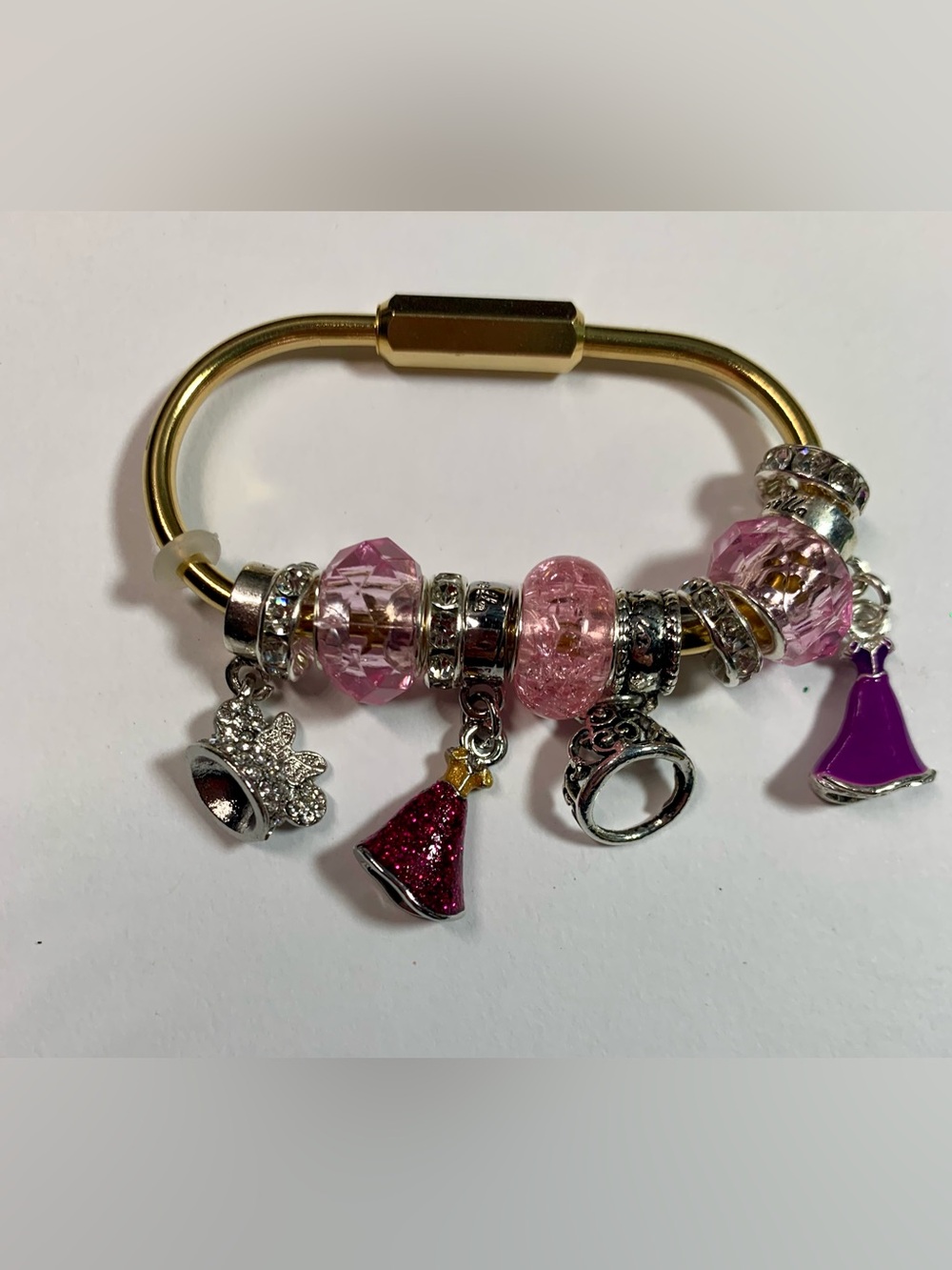 Gold-Tone purse princess charm with Pink Crystal Beads